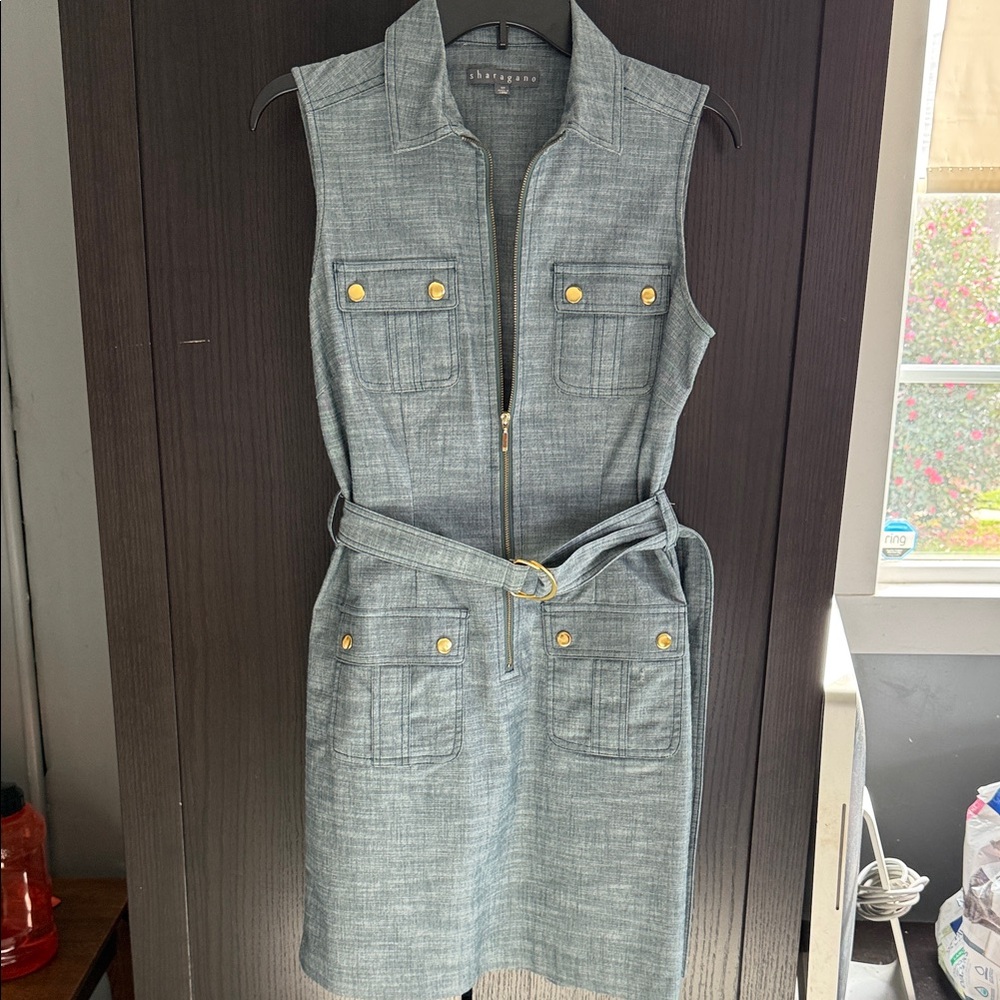 Sharagano Sleeveless Utility Dress in Heathered Gray with Gold Hardware